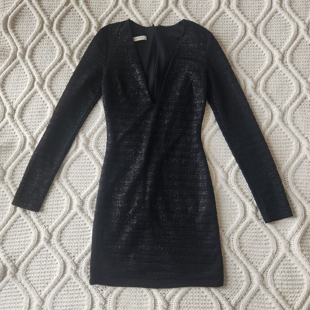Arden B Black Plunging V Neck Mini Shimmer L/S Dress Size XS
